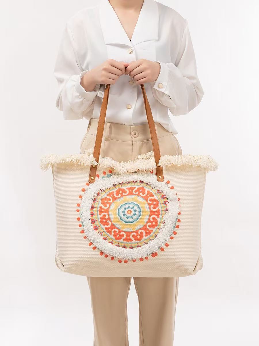 Women'S Raffia Bags - Bast-Einkaufstasche mit buntem Mandala-Aufnäher, braunen Ledergriffen